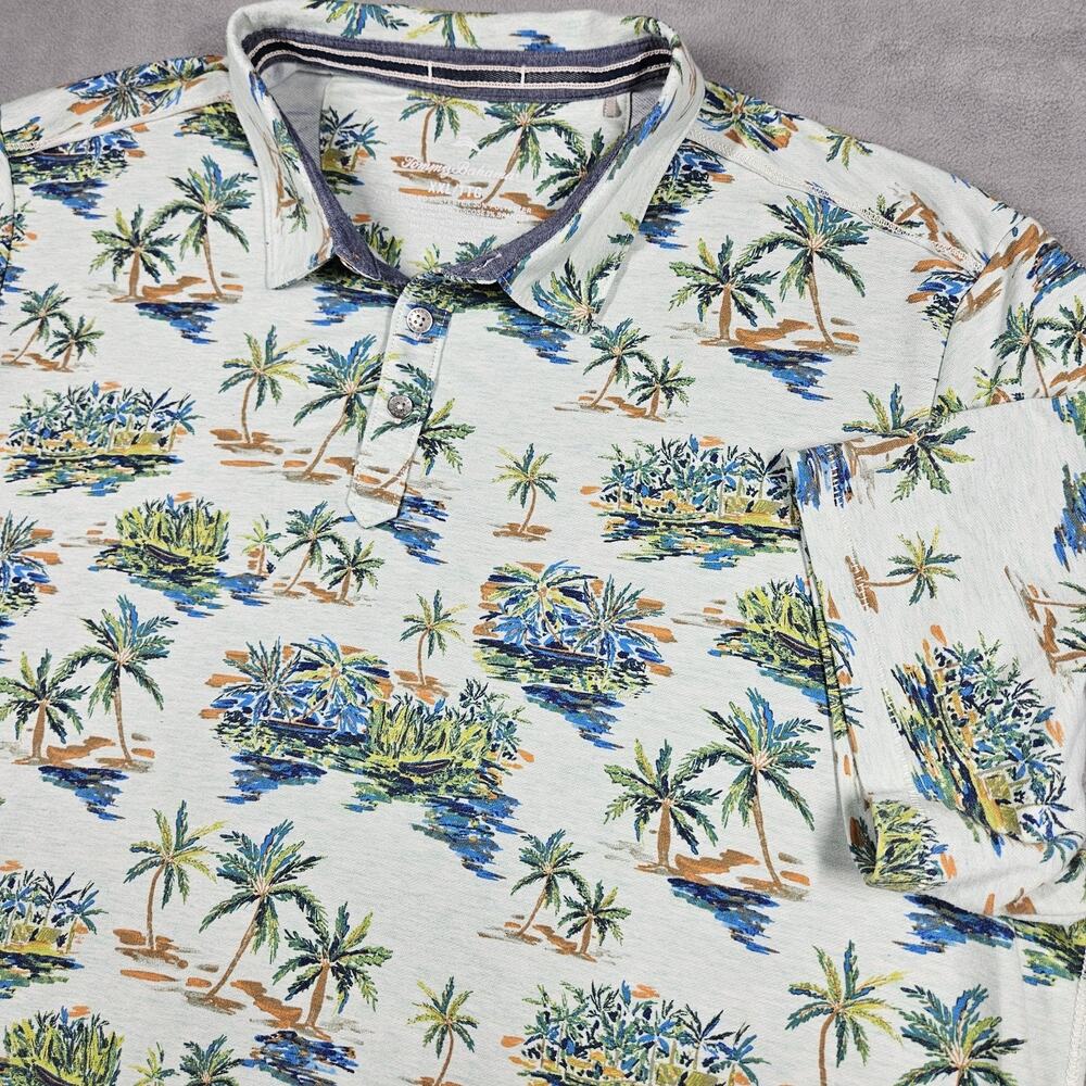 Tommy Bahama Polo Men XXL Bahama Village Dusty Aqua Shirt Hawaiian Cruise Preppy